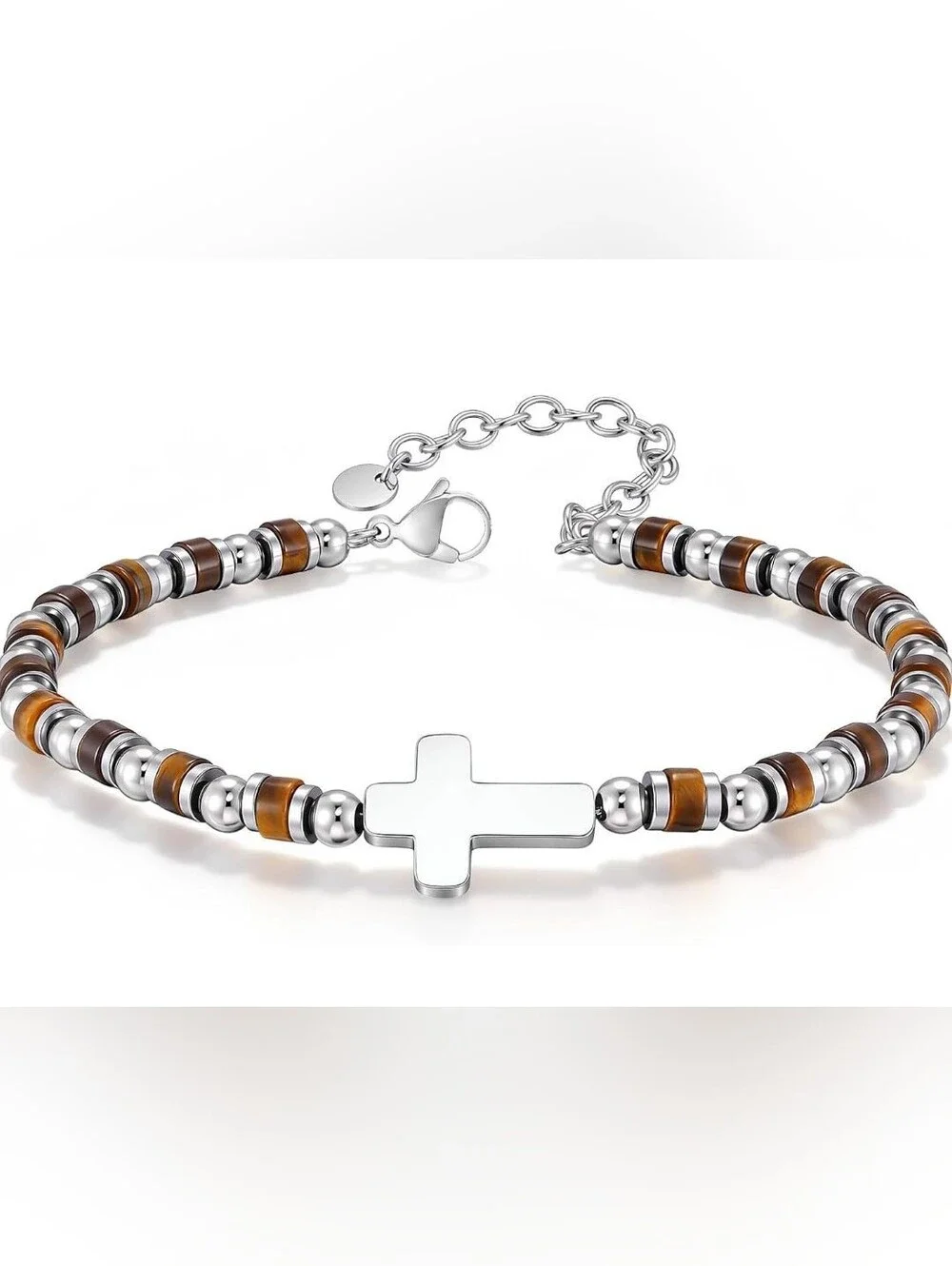 Tiger Eye Beaded Bracelet with Stainless Steel Cross